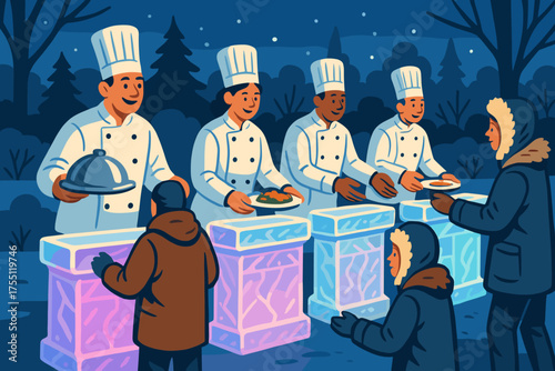 Chefs serve delicious food at a winter festival in an outdoor setting under a starry sky