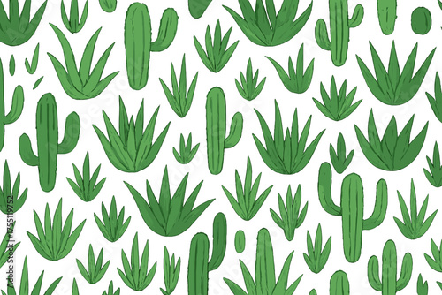 Plants of various types in bright green colors displayed against a white background, showcasing a lively desert theme