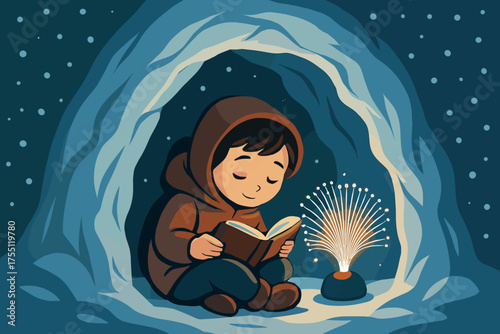 Child reading a book inside a cozy snow cave with warm glowing light in a winter setting