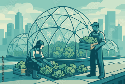 Urban gardeners in greenhouse cultivating fresh produce on rooftop in a city setting during daytime
