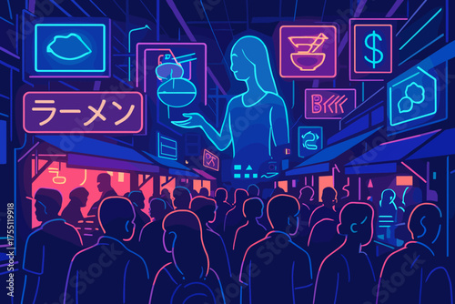 Neon market scene with glowing signs and a crowd of people enjoying urban nightlife in a vibrant alleyway