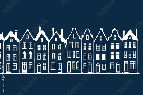 Colorful line of traditional Dutch houses against a dark background in a unique artistic style