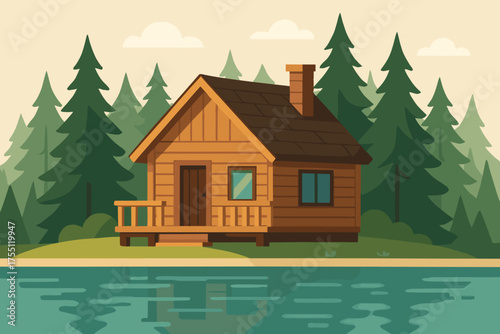Cozy wooden cabin by the lake surrounded by tall trees in a serene natural setting during daylight