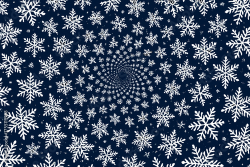 Swirling pattern of white snowflakes on a dark blue background creating a mesmerizing winter design
