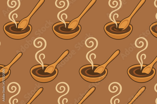 Patterns of steaming bowls on a brown backdrop with wooden spoons swirling inviting aromas of warm food