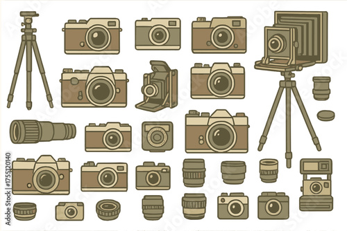 Collection of various camera designs showcasing different types of photography equipment in a detailed illustration format