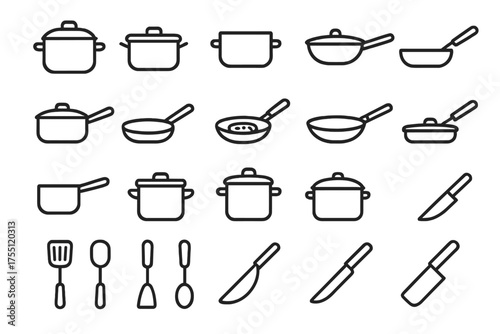 Various cooking pots and utensils are arranged in a grid layout showcasing different kitchen tools for home cooking