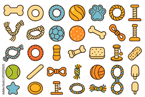 Colorful collection of pet toys including balls, ropes, and chew items arranged neatly on a white background