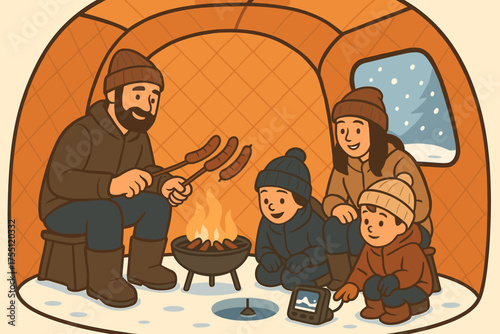 Family enjoys winter camping while cooking sausages over a cozy fire inside a warm ice fishing shelter