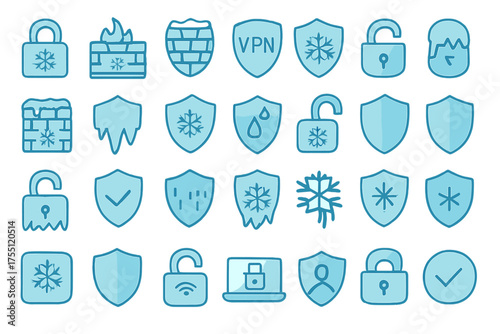 Various icons representing security, protection, and data privacy symbols including locks and shields in a digital format