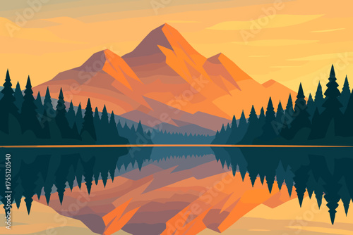 Scenic mountain landscape during sunset reflecting in calm water with surrounding evergreen trees