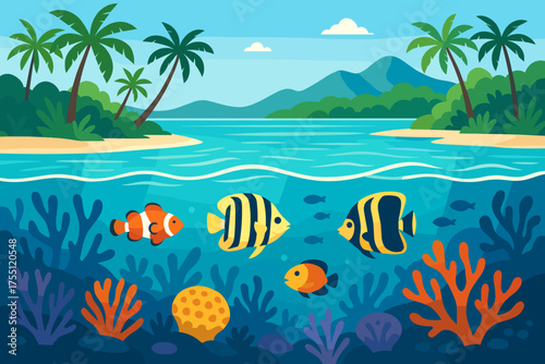Colorful fish swimming among coral reefs in a tropical ocean scene with palm trees and mountains