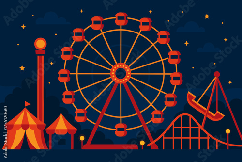 Colorful amusement park at night featuring a ferris wheel and roller coaster with starry sky