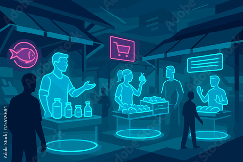 Evening market scene with glowing neon lights showcasing vendors selling fresh produce and goods in a vibrant atmosphere
