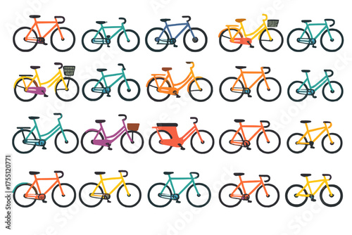 Colorful bicycles in various styles and designs for outdoor activities and transportation