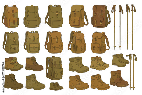 Variety of hiking gear including backpacks, boots, and trekking poles suitable for outdoor adventures