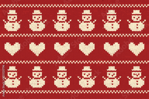 Festive knitted pattern featuring snowmen and hearts ideal for holiday decorations or cozy winter apparel