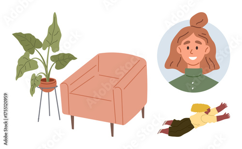 Potted green plant next to a coral armchair, smiling woman portrait in a circle, child playing on the floor. Ideal for family life, comfort, home decor, relaxation, parenting, self-expression simple