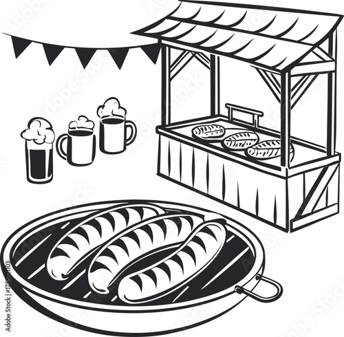 Hand drawn illustration of bread and milk on a plate, a wholesome food design icon and symbol of a healthy meal or dessert