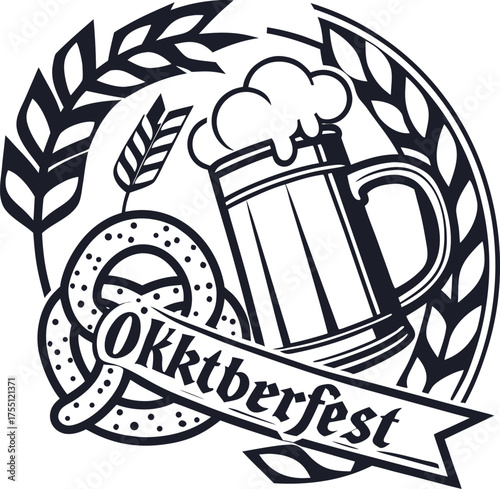 Vintage beer label vector illustration featuring a cold ale drink in a glass mug with foam, perfect for pub or bar design