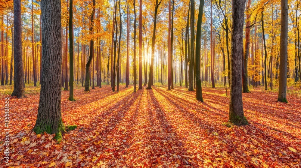 Obraz premium Autumn sunrise over vibrant forest nature photography tranquil environment scenic view serene atmosphere