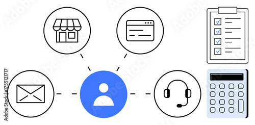 Central person icon linked to email, storefront, webpage, headset, checklist, and calculator. Ideal for teamwork, customer support, business operation user management productivity communication