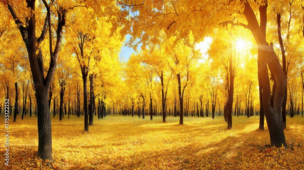 Naklejka premium Golden autumn serenity enchanted forest nature photography sunlit landscape wide angle seasonal beauty