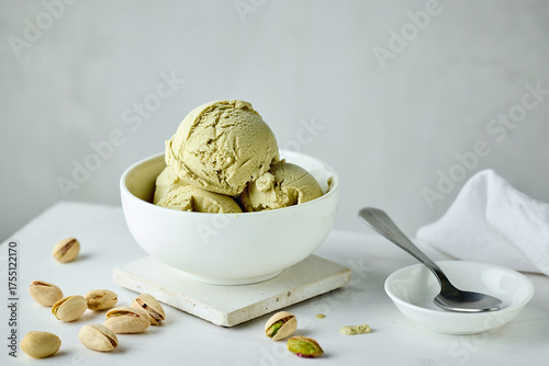 bowl of pistachio ice cream