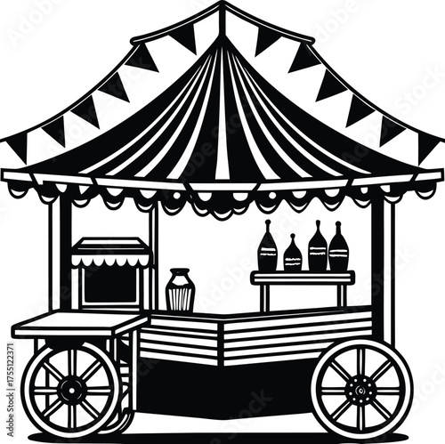 A vibrant vector illustration shows a vintage carnival scene featuring a circus tent and a carousel with horses, creating a feeling of amusement and fun