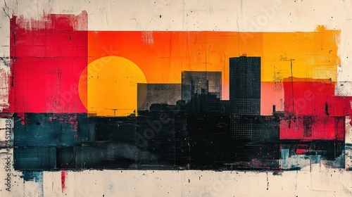 Painting of a city skyline with a sunset in the background