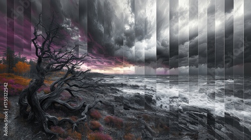 Tree on a rocky beach with a stormy sky
