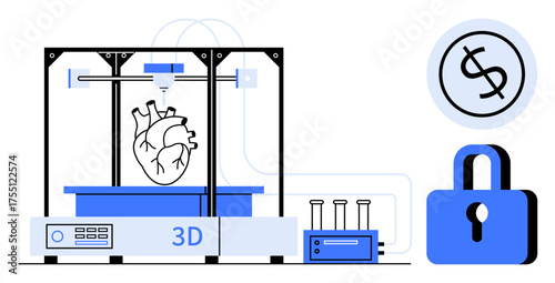 3D printer creating a human heart, test tubes on a table, dollar sign indicating cost, padlock symbolizing security. Ideal for healthcare, innovation, technology, research, manufacturing finance