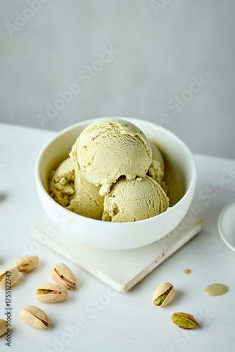 bowl of pistachio ice cream