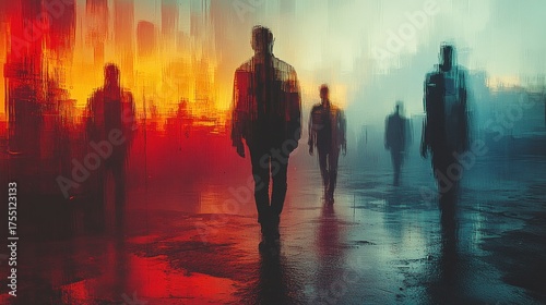 People walking on a wet sidewalk in the rain at sunset