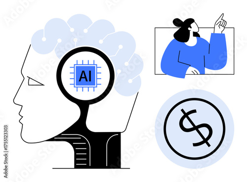 Human brain with AI chip, person pointing upward as vision and innovation symbol, dollar sign for financial growth. Ideal for AI, technology, innovation, finance, creativity, progress simple flat