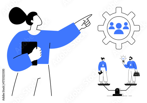 Woman pointing at gear with team icon, two individuals balancing ideas and work. Ideal for teamwork, leadership, communication, collaboration, decision-making, balance equality. Simple flat metaphor