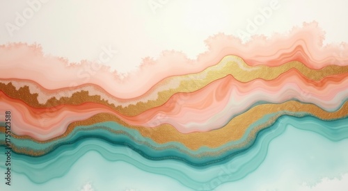 Abstract painting of a wave of gold and pink paint