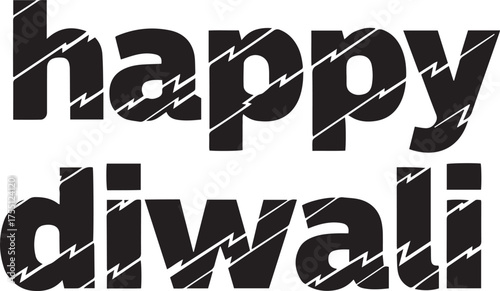 Dynamic Happy Diwali text with lightning bolt pattern overlay, conveying energy and celebration for modern festive designs.