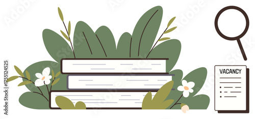 Stack of books surrounded by leaves and flowers, accompanied by a magnifying glass and vacancy document. Ideal for education, research, job search, learning, nature, literature, academic growth
