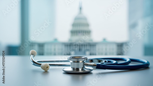 Stethoscope on desk with U.S. Capitol in background symbolizing American healthcare system, health policy, government reform, medical legislation, and public health debate