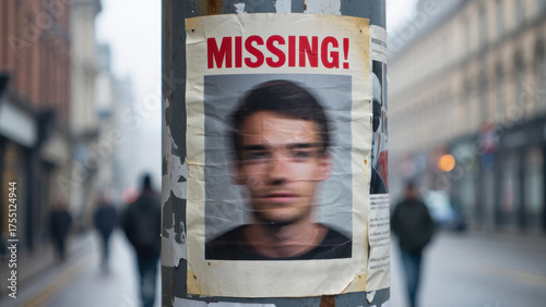 Missing person poster on urban street, blurred image, search effort, public awareness, mystery, investigation, missing notice, lost person, city environment, community support