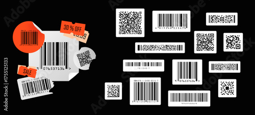 Barcode and QR Code Sticker Set with Sale Tags. Vector set of barcodes, QR codes, and retail sale tags in sticker style. Perfect for packaging, product mockups, or digital labels. Vector set