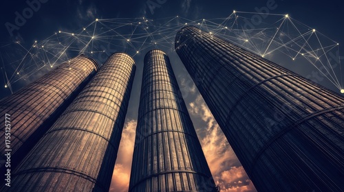 Industrial silos against a digital skyline urban landscape photography evening low angle technology and agriculture intersection