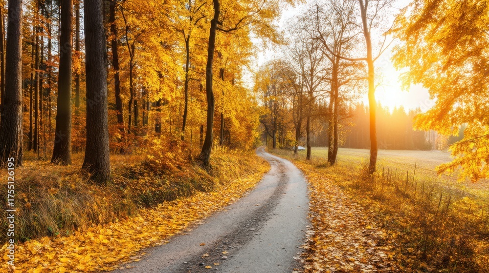 Obraz premium Autumn leaves falling scenic road nature photography rural landscape golden hour tranquility