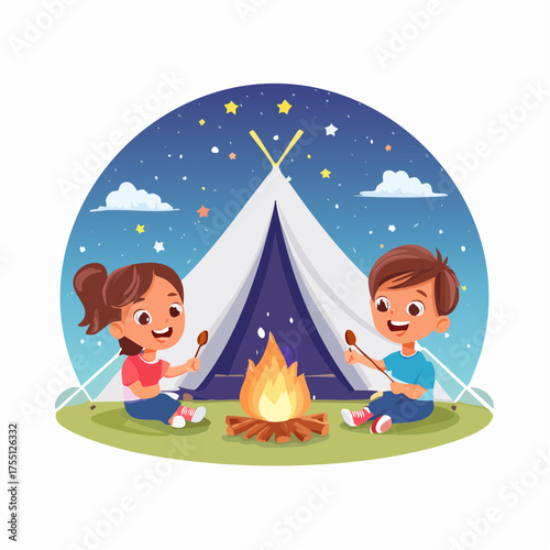 Lachende Kinder beim Zelten