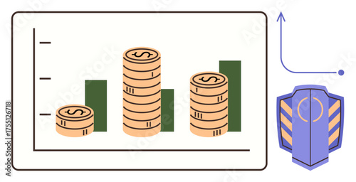Stacked coins beside bar chart with upward trends and shield icon. Ideal for finance, investment, growth, protection, security, business strategy, wealth management. A simple flat metaphor