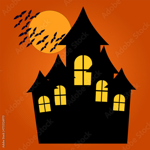 A spooky silhouette of a haunted house with glowing windows, surrounded by flying bats and a bright orange full moon. Creating a perfect eerie atmosphere for Halloween decorations or themed parties.