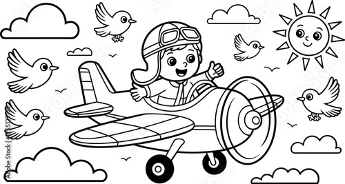 Vector art of happy boy flying a plane for coloring book