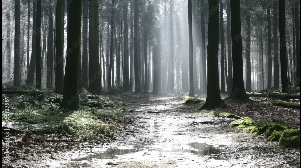 Fototapeta premium Mystical forest path enchanted woods photography atmospheric setting ground level nature's serenity