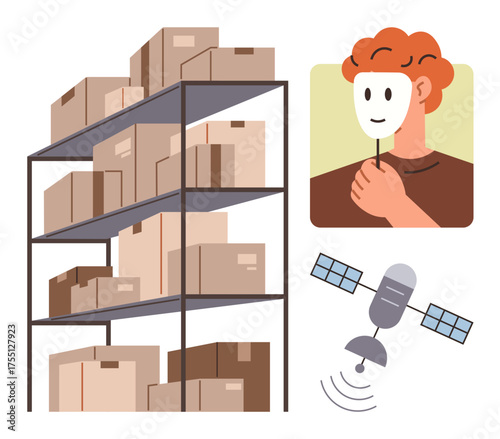 Stacked boxes on warehouse shelves, person holding a mask symbolizing hiding or duality, and a satellite with signals. Ideal for storage, identity, secrecy, logistics, technology, surveillance